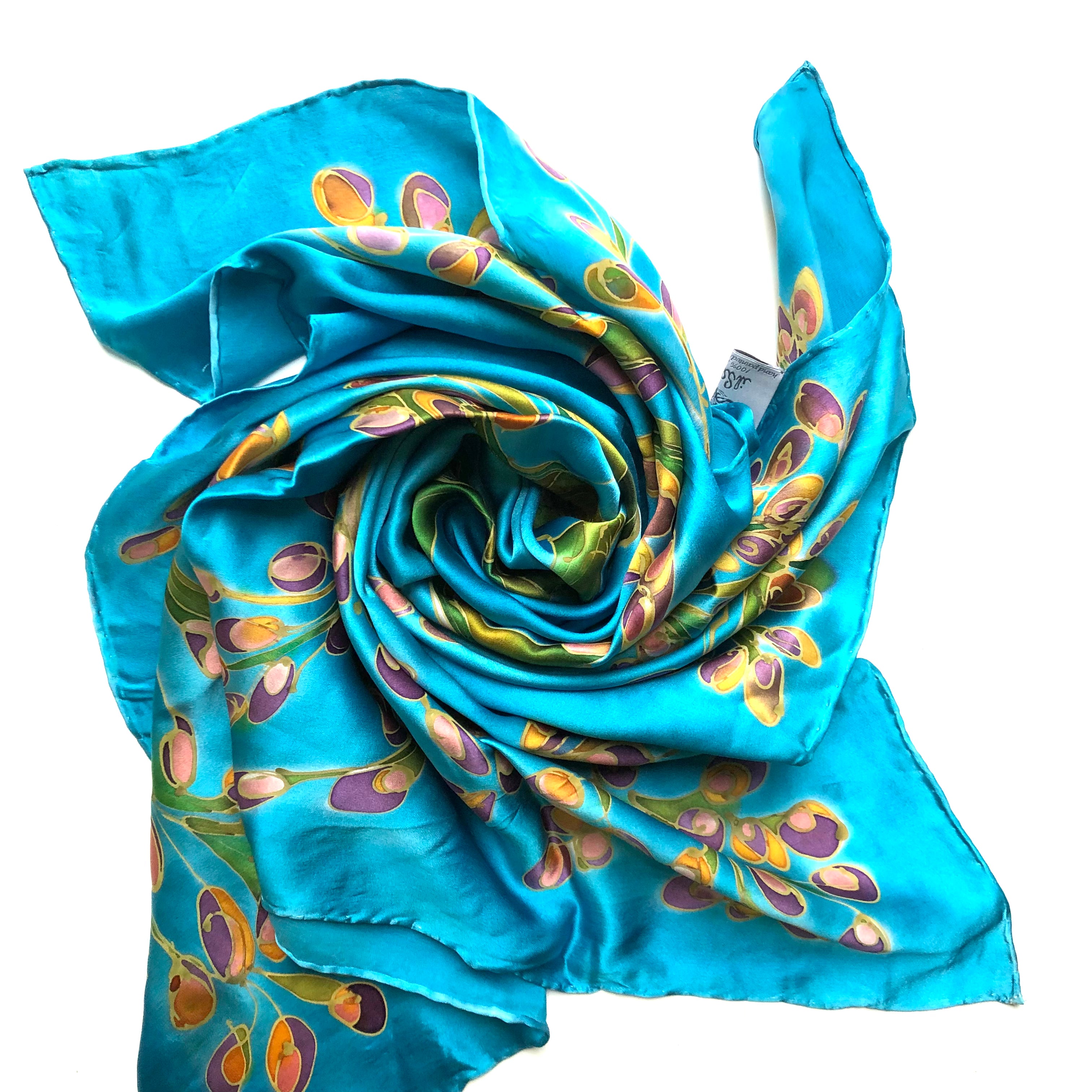Foulard azzurro cielo con rami fioriti - 90x90 cm